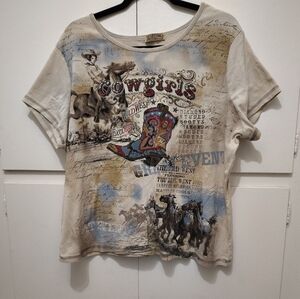 VTG Y2K Blue Canyon Cowgirl Western Graphic Tee- All Over Print Rhinestone 3X